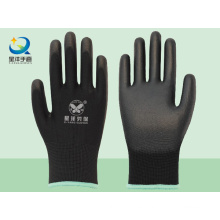 Forro de poliéster negro con guantes de seguridad recubiertos de poliuretano negro